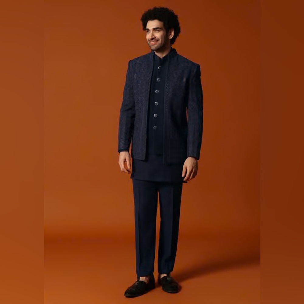 NWT Navy Blue Jodhpuri Set In Resham Work For Men